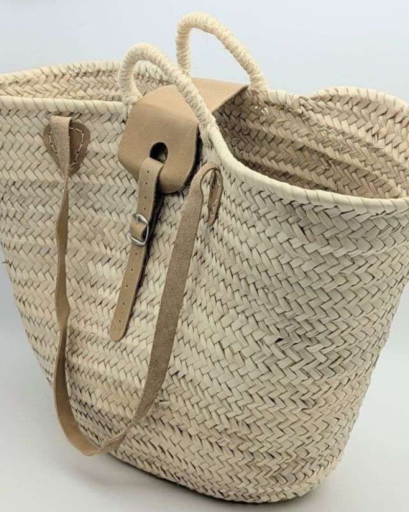 Strandväska Beigeläder palmblad -Mellan Strandväska Beigeläder palmblad -Mellan