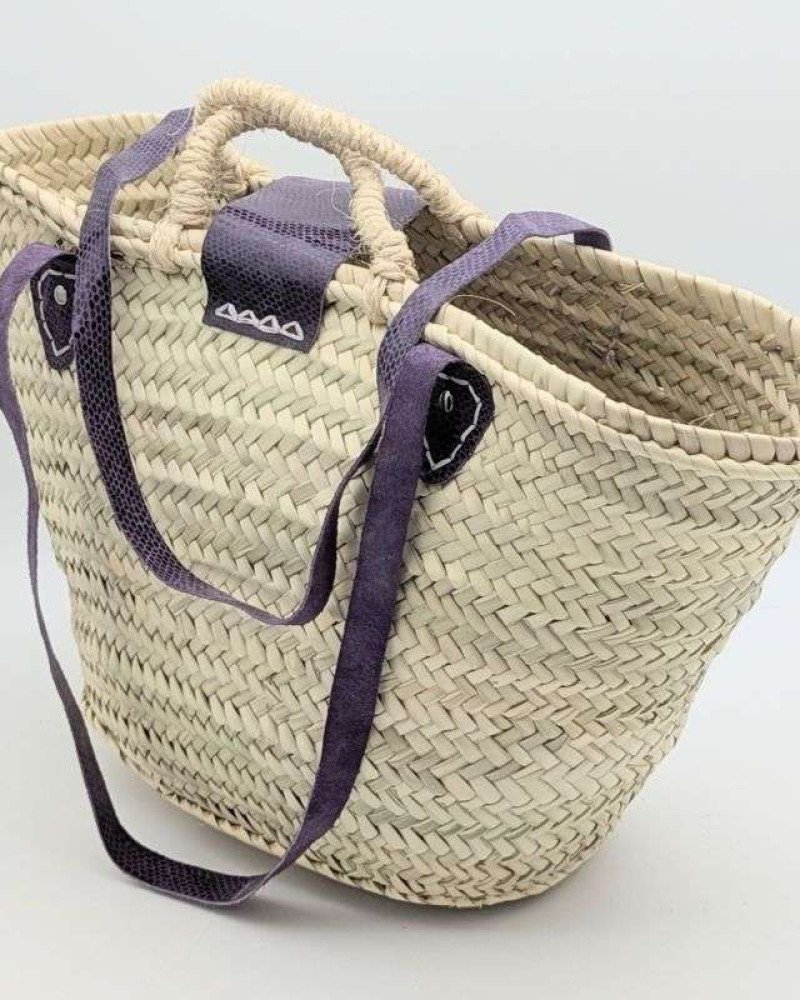 Strandväska lila läder palmblad -Stor Strandväska lila läder palmblad -Stor