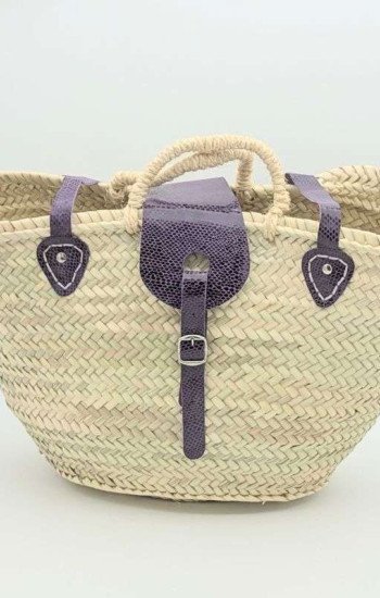 Strandväska lila läder palmblad -Stor Strandväska lila läder palmblad -Stor