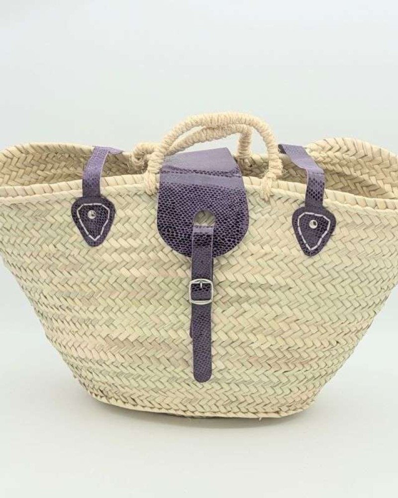 Strandväska lila läder palmblad -Stor Strandväska lila läder palmblad -Stor