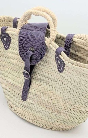 Strandväska lila läder palmblad -Stor Strandväska lila läder palmblad -Stor