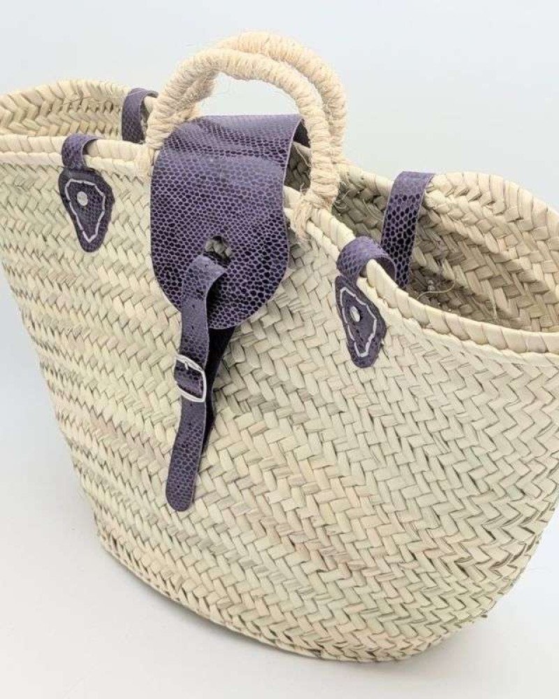 Strandväska lila läder palmblad -Stor Strandväska lila läder palmblad -Stor
