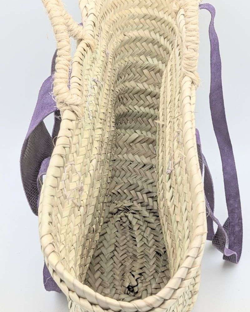 Strandväska lila läder palmblad -Stor Strandväska lila läder palmblad -Stor